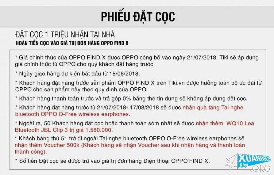 Phiếu đặt cọc đặt trước Điện Thoại OPPO Find X - Hàng Chính Hãng. PHIẾU ĐẶT CỌC OPPO Find X - ĐẶT CỌC 1 TRIỆU NHẬN TẠI NHÀ - HOÀN TIỀN CỌC VÀO GIÁ TRỊ ĐƠN HÀNG OPPO FIND X